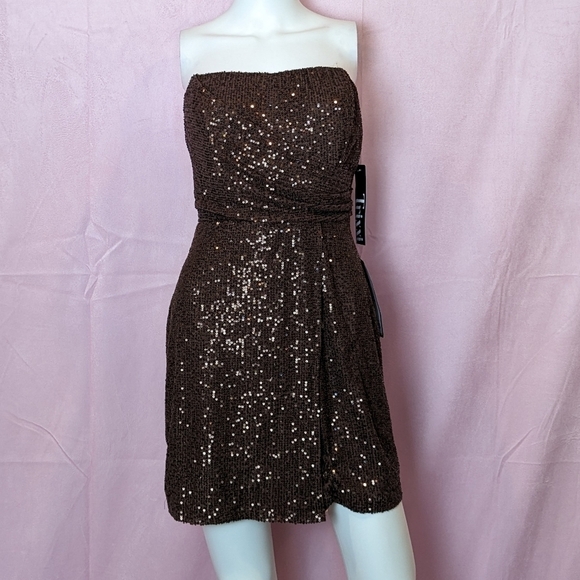 Trixxi Brown Allover Sequins Homecoming Party Strapless Mini Dress size 11 - Picture 1 of 7